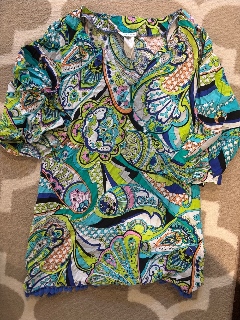 Trina Turk Vibrant Paisley Print Blous Teal & Lime - Lightweight Tunic
